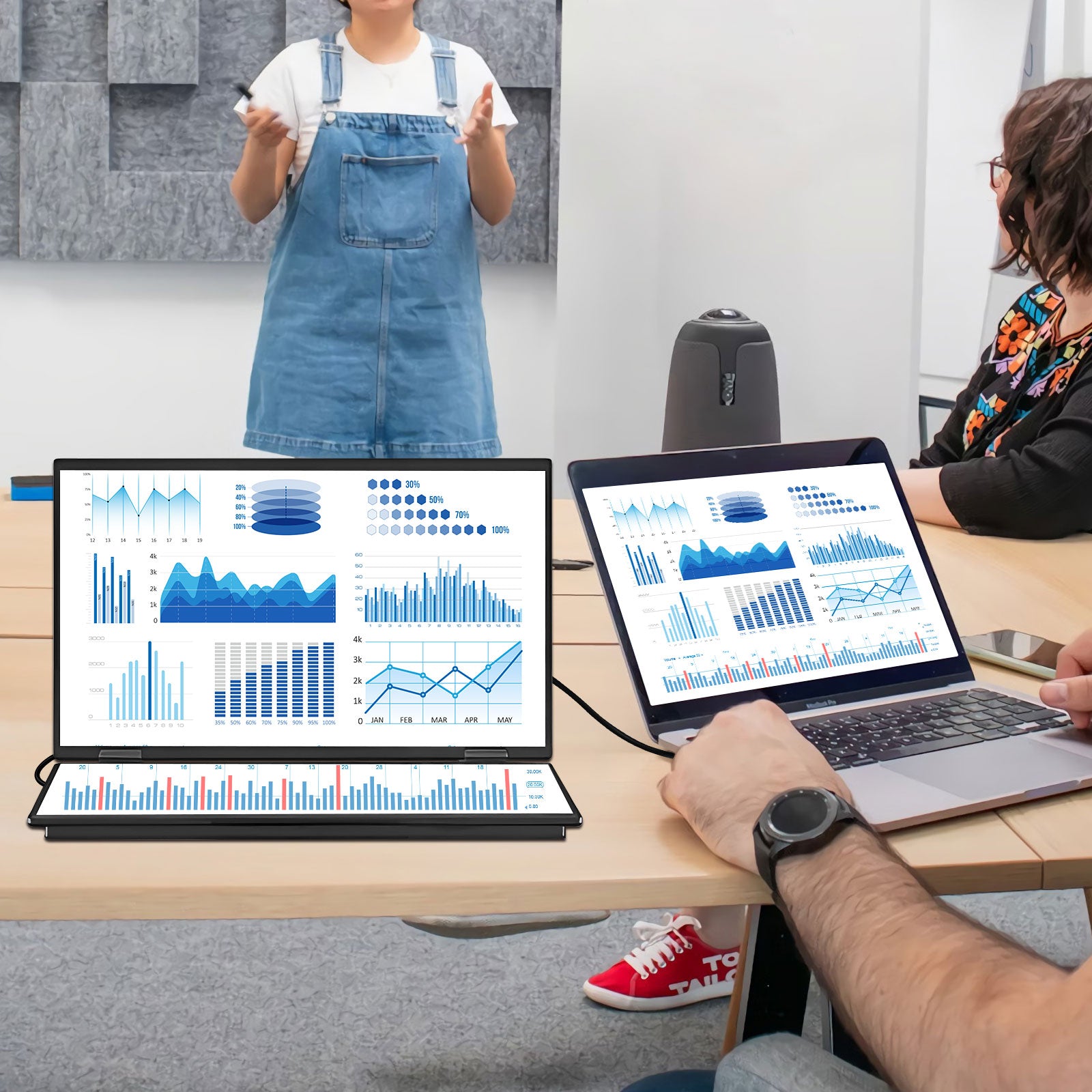 15.6” 1080P FHD Dual Portable Monitor, IPS Display with HDR Support, 60Hz Portable Screen Extender, Foldable Travel Monitor with Power Adapter, Plug & Play USB-C/HDMI