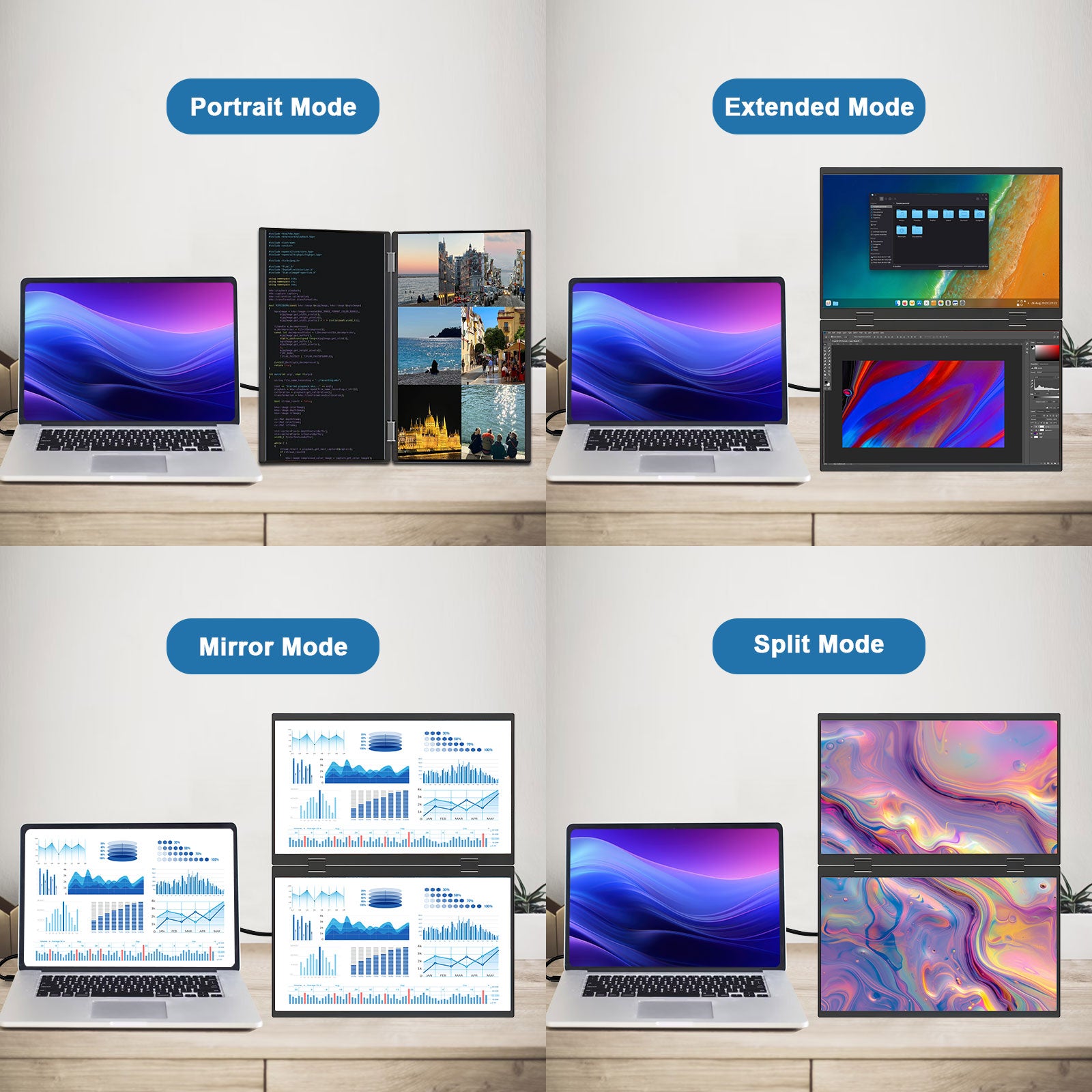 15.6” 1080P FHD Dual Portable Monitor, IPS Display with HDR Support, 60Hz Portable Screen Extender, Foldable Travel Monitor with Power Adapter, Plug & Play USB-C/HDMI