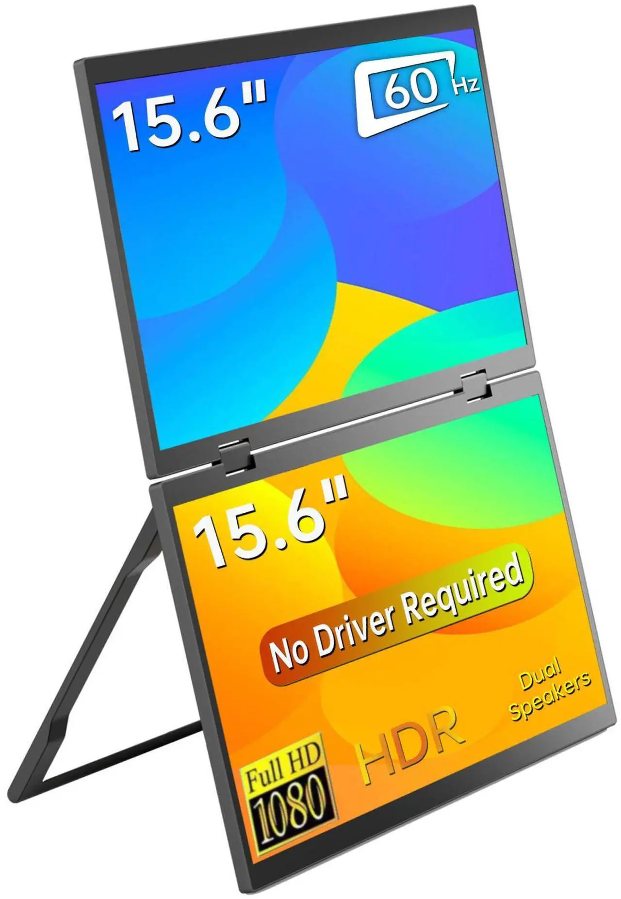 15.6” 1080P FHD Dual Portable Monitor, IPS Display with HDR Support, 60Hz Portable Screen Extender, Foldable Travel Monitor with Power Adapter, Plug & Play USB-C/HDMI