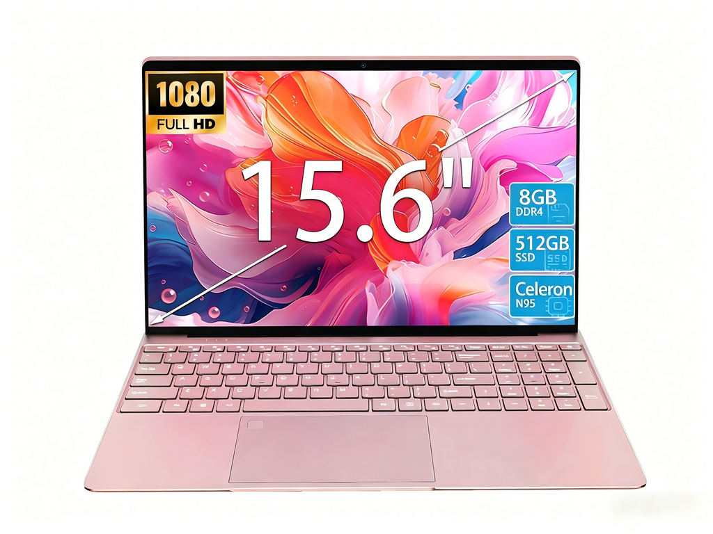 15.6" Laptop,Intel N95,8GB RAM,512GB SSD,Windows 11 Pro Work Computer,Fingerprint Reader,Backlit Keyboard,Rose gold Pink