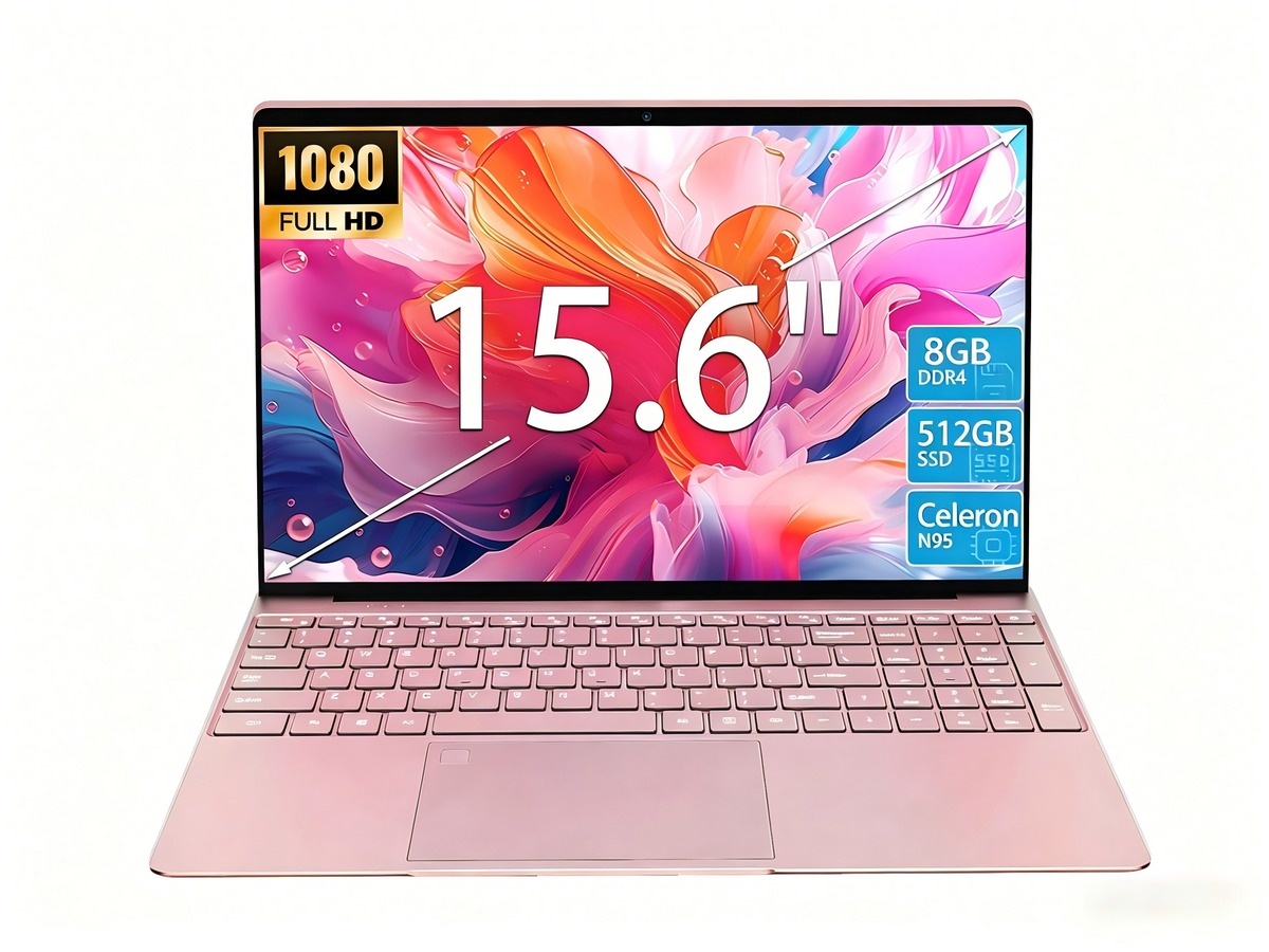 15.6" Laptop,Intel N95,8GB RAM,512GB SSD,Windows 11 Pro Work Computer,Fingerprint Reader,Backlit Keyboard,Rose gold Pink